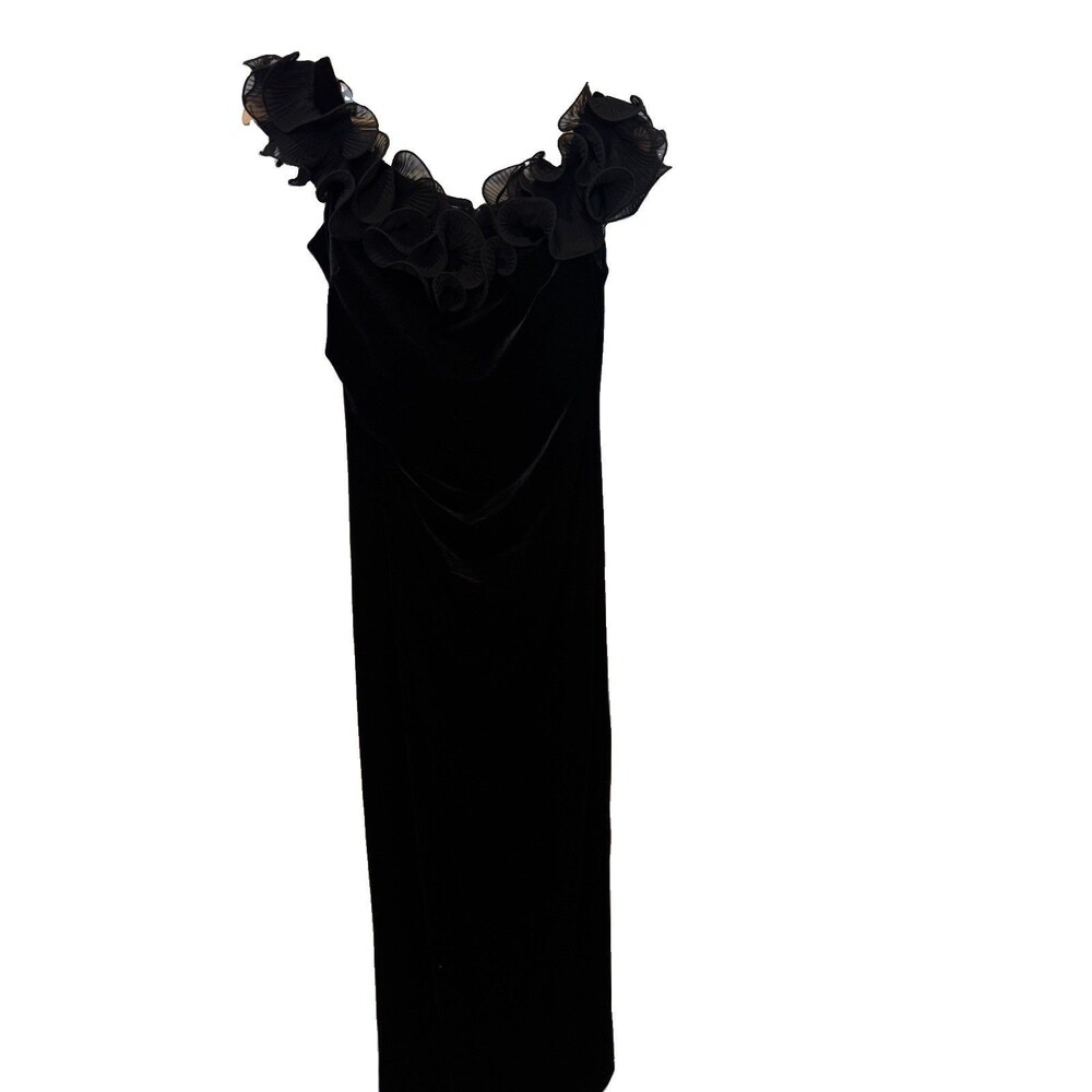 Xscape Black Floral Applique Ruffle Off the Shoulder Crepe Gown Size 10